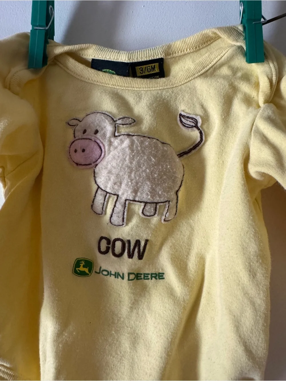 John Deere Yellow Long-Sleeve Baby Bodysuit with Cow Appliqué
